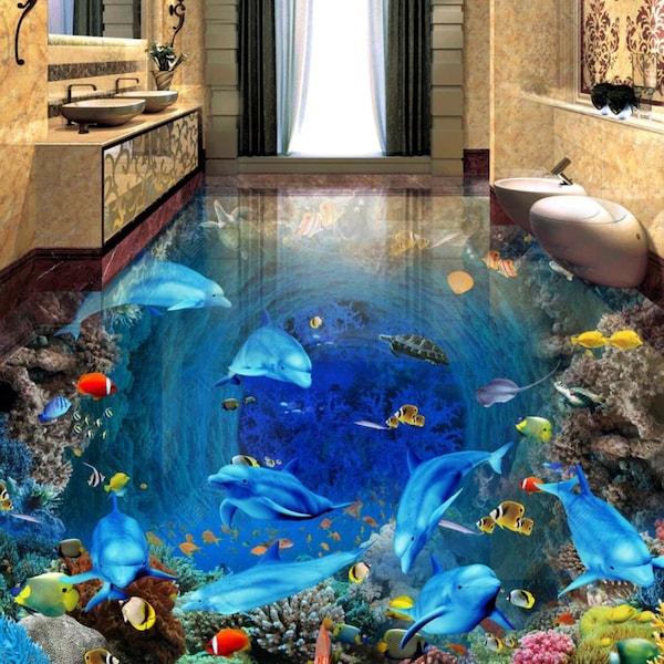 3D Psychedelic Ocean JJ5521FF Floor Wallpaper Murals Self-Adhesive Removable Bath Floor Waterproof floor Rug Mat Print Epoxy Kitchen
