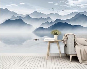 3D Tranquil Mountains ZZ3126 Self-adhesive Wallpaper Mural Peel and Stick Wallpaper Removable Wall Prints Stickers Feature Wall Wallpaper