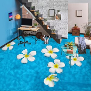 Fiori bianchi 3D sull'acqua J2207FF Floor Wallpaper Murales Autoadesivo Pavimento da bagno rimovibile Pavimento impermeabile Tappeto Mat Stampa Epoxy Kitchen
