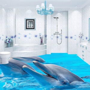 3D Sorridente delfino JJ4328FF Floor Wallpaper Murals Self-Adhesive rimovibile Bath Floor impermeabile pavimento Rug Mat Stampa Epoxy Kitchen