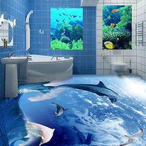 Onde 3D e delfini JJ5365FF Floor Wallpaper Murals Self-Adhesive Removable Bath Floor Impermeabile pavimento Rug Mat Stampa Epoxy Kitchen