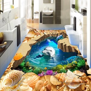 3D Amichevole Delfino JJ5506FF Pavimento Wallpaper Murals Auto-Adessive rimovibile Bath Floor Impermeabile pavimento Rug Mat Stampa Epoxy Cucina