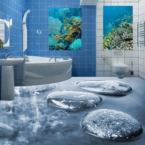3D Water And Stones JJ5043FF Floor Wallpaper Murals Self-Adhesive Removable Bath Floor Waterproof floor Rug Mat Print Epoxy Kitchen