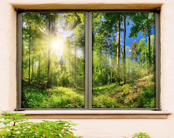 3D Sunny Green Forest W1143 Window Film Print Sticker Cling Stained Glass Xmas Window Decor UV Heat Control Glass Privacy Window Film Romy