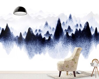 3D Blue Mountains ZZ0038 Self-adhesive Wallpaper Mural Peel and Stick Wallpaper Removable Wall Prints Stickers Feature Wall Wallpaper