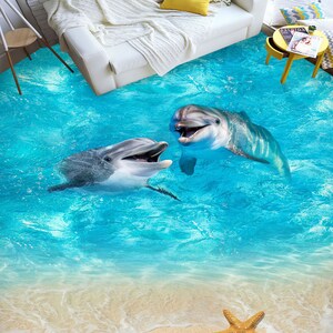 3D Due delfini spensierati JJ2444FF Sfondo pavimento Murales Autoadesivo Pavimento da bagno rimovibile Pavimento impermeabile Tappeto Mat Stampa Epoxy Cucina