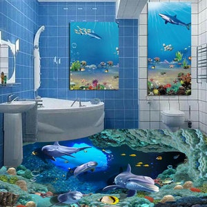3D Quattro Delfini JJ5072FF Pavimento Wallpaper Murals Auto-Adesivo rimovibile Pavimento Bagno Pavimento Impermeabile Rug Mat Stampa Epoxy Cucina