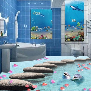 3D delfini e petali JJ5117FF Floor Wallpaper Murals Self-Adhesive Removable Bath Floor Impermeabile pavimento Rug Mat Stampa Epoxy Kitchen