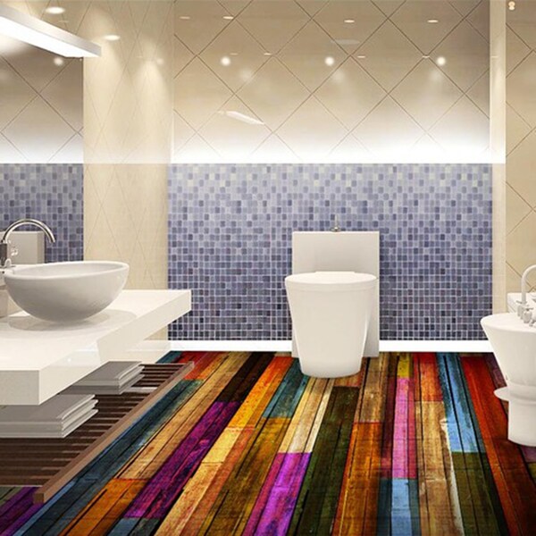 3D Colored Wood Grain JJ6018FF Floor Wallpaper Murals Self-Adhesive Removable Bath Floor Waterproof floor Rug Mat Print Epoxy Kitchen