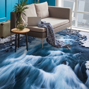 3D Light Blue Flowing Water JJ3081FF Floor Wallpaper Murals Self-Adhesive Removable Bath Floor Waterproof floor Rug Mat Print Epoxy Kitchen