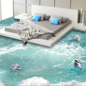 3D Tre Delfini JJ5646FF Pavimento Wallpaper Murals Auto-Adesivo rimovibile Bagno Pavimento Impermeabile pavimento Rug Mat Stampa Epoxy Cucina