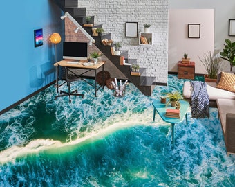 3D Yellow Wave Line JJ2332FF Floor Wallpaper Murals Self-Adhesive Removable Bath Floor Waterproof floor Rug Mat Print Epoxy Kitchen