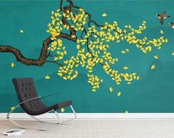 3D Ginkgo Leaves ZZ3594 Self-adhesive Wallpaper Mural Peel and Stick Wallpaper Removable Wall Prints Stickers Feature Wall Wallpaper