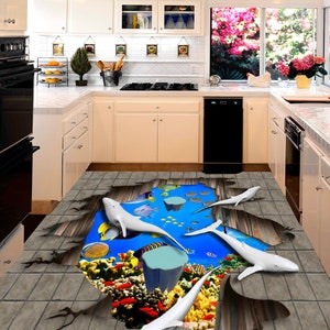 3D Carino Bianco Delfini JJ5599FF Floor Wallpaper Murals Self-Adhesive rimovibile Bath Floor Impermeabile pavimento Rug Mat Stampa Epoxy Kitchen