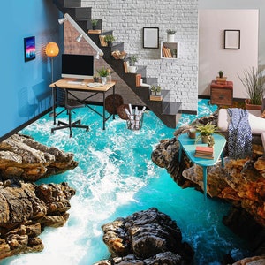 3D Reef And Blue Sea JJ2457FF Floor Wallpaper Murals Self-Adhesive Removable Bath Floor Waterproof floor Rug Mat Print Epoxy Kitchen
