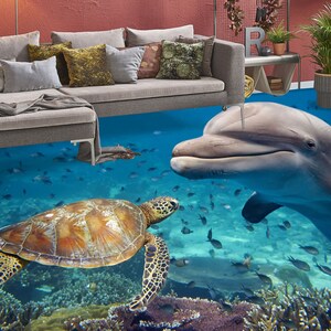 3D Tartaruga e Delfino JJ2954FF Pavimento Carta da parati Murales Autoadesivo Rimovibile Pavimento Bagno Impermeabile Tappeto Tappeto Stampa Epoxy Cucina