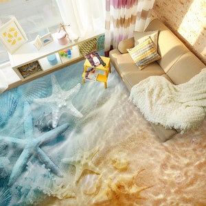 3D Light Blue Starfish JJ2539FF Floor Wallpaper Murals Self-Adhesive Removable Bath Floor Waterproof floor Rug Mat Print Epoxy Kitchen