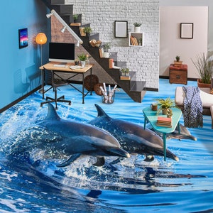 Delfini aggraziati 3D JJ2848FF Sfondo pavimento Murales Autoadesivo Pavimento da bagno rimovibile Pavimento impermeabile Tappeto Mat Stampa Epoxy Kitchen