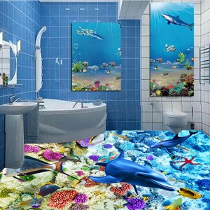 3D Calma Delfino JJ5065FF Pavimento Wallpaper Murals Auto-Adessive rimovibile Bath Floor impermeabile pavimento Rug Mat Stampa Epoxy Kitchen
