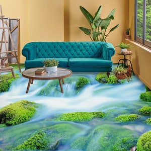 3D Flowing Water Scenery JJ3185FF Floor Wallpaper Murals Self-Adhesive Removable Bath Floor Waterproof floor Rug Mat Print Epoxy Kitchen