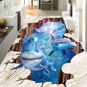 3D Carino Blu Delfini JJ5523FF Pavimento Wallpaper Murals Auto-Adesive rimovibile Bath Floor Impermeabile pavimento Rug Mat Stampa Epoxy Kitchen