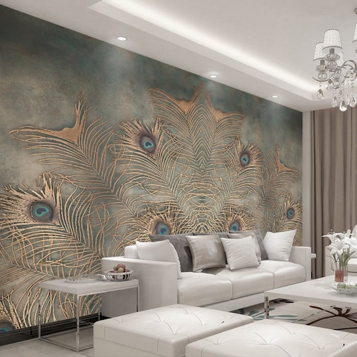 3D Peacock Feathers ZZ0031 Selfadhesive Wallpaper Mural Peel Etsy