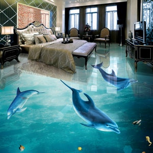 3D Tre Delfini JJ4950FF Pavimento Wallpaper Murals Auto-Adesivo rimovibile pavimento da bagno pavimento impermeabile Rug Mat Stampa Epoxy Cucina