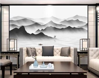 3D Dark Ink Mountains ZZ3124 Self-adhesive Wallpaper Mural Peel and Stick Wallpaper Removable Wall Prints Stickers Feature Wall Wallpaper