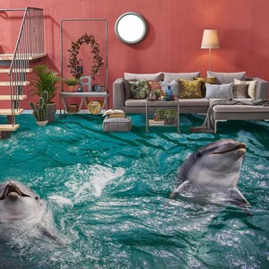 3D Due delfini amichevoli JJ7909FF Pavimento Sfondi Murales Autoadesivo Rimovibile Pavimento Bagno Impermeabile Tappeto Tappeto Stampa Epoxy Cucina