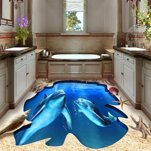 3D Due tristi delfini JJ4415FF Floor Wallpaper Murals Self-Adhesive Removable Bath Floor Impermeabile pavimento Rug Mat Stampa Epoxy Cucina