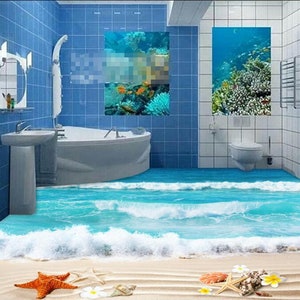 3D Beach Wave JJ0001FF Floor Wallpaper Murals Self-Adhesive Removable Bath Floor Waterproof floor Rug Mat Print Epoxy Kitchen