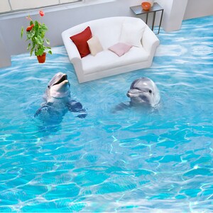 3D Due Amichevole Delfini JJ5730FF Pavimento Wallpaper Murals Auto-Adesivo rimovibile Pavimento Bagno Pavimento Impermeabile Rug Mat Stampa Epoxy Cucina