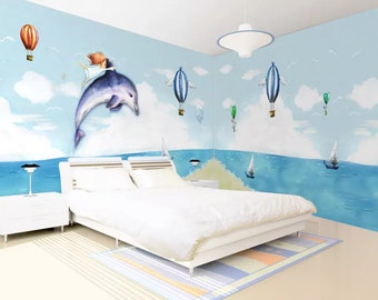 3D Dolphin ZZ3618 Fondo de pantalla autoadhesivo Mural Peel and Stick Wallpaper Impresiones de pared extraíbles Pegatinas Característica papel tapiz de pared
