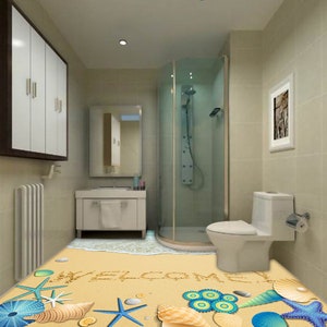 3D Blue Beach Treasure JJ5302FF Floor Wallpaper Murals Self-Adhesive Removable Bath Floor Waterproof floor Rug Mat Print Epoxy Kitchen