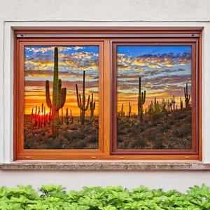 3D Sunset e Cactus W1105 Window Film Stampa Adesivo aggrappato vetro colorato Xmas Finestra Decoro UV Controllo termico Vetro Privacy Finestra Film Romy