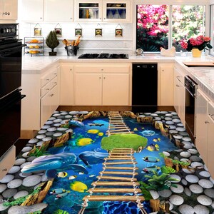 3D Stones And Ocean JJ5559FF Floor Wallpaper Murals Self-Adhesive Removable Bath Floor Waterproof floor Rug Mat Print Epoxy Kitchen