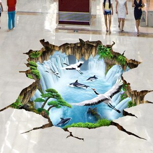 3D delfini e gru JJ5495FF Pavimento Wallpaper Murals Auto-Adesive rimovibile Pavimento Bagno pavimento impermeabile Rug Mat Stampa Epoxy Cucina