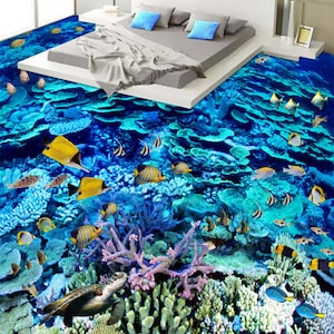 3D Blue Marine Life JJ4508FF Floor Wallpaper Murals Self-Adhesive Removable Bath Floor Waterproof floor Rug Mat Print Epoxy Kitchen