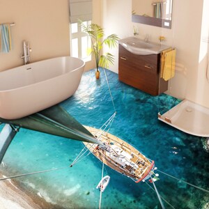 3D Steamship JJ6460FF Floor Wallpaper Murals Self-Adhesive Removable Bath Floor Waterproof floor Rug Mat Print Epoxy Kitchen