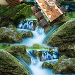 3D Natural Blue Waterfall JJ5758FF Floor Wallpaper Murals Self-Adhesive Removable Bath Floor Waterproof floor Rug Mat Print Epoxy Kitchen