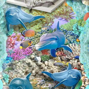 3D Quattro Delfini JJ5725FF Floor Wallpaper Murals Self-Adhesive rimovibile Bath Floor Impermeabile pavimento Rug Mat Stampa Epoxy Cucina