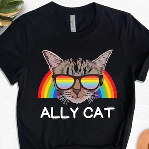Rainbow Pride Ally Cat Shirt, Retro LGBTQ+ Graphic Tee Gay Pride T-Shirt, Funny Cat Lover Gift, Unisex Inclusive Top