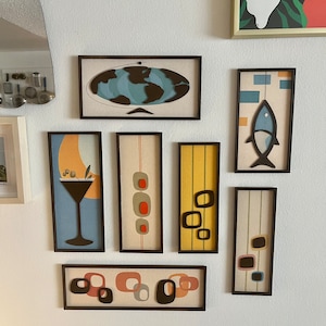 Witco mid century modern style wall art  bar art - with 3D wood onlay and hand cut wooden frame - see description for exact sizes  :)