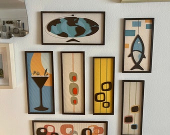 Witco mid century modern style wall art  bar art - with 3D wood onlay and hand cut wooden frame - see description for exact sizes  :)