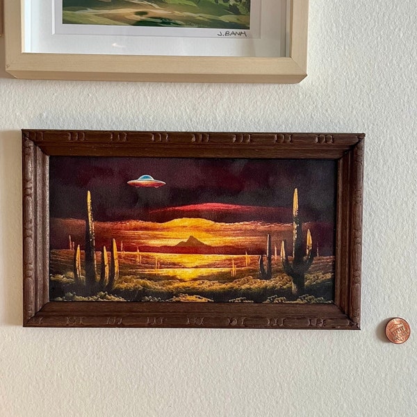 Velvet desert UFO vintage replica print of painting wood framed/stained velour print retro home decor bar art see item details for sizing