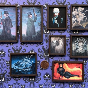 Eight of the haunted mansion changing portraits miniature replica paintings we sell tiny canvas print dollhouse or home decor