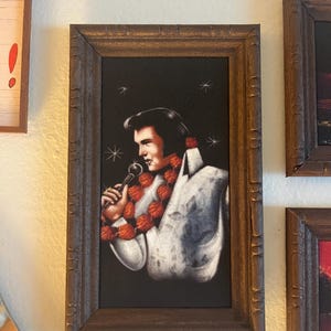 Velvet Elvis small vintage replica print of painting wood framed/stained on flocked suede paper home decor bar art retro 7&quot; X 4.25&quot;