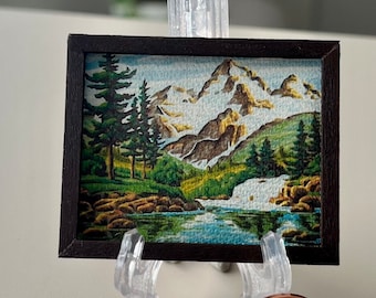 Handmade Miniature Mountain Painting: Vintage Woodland Scene Dollhouse Decor