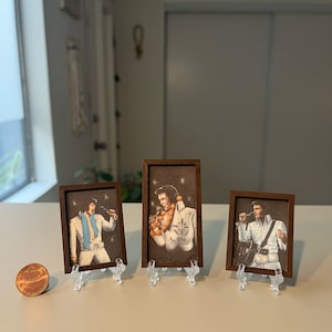 3 - Velvet Elvis miniature black velvet vintage replica prints on flocked suede paper framed - dollhouse or home decor retro small