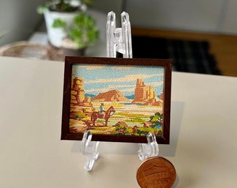 Miniature Western Desert Painting: Cowboy & Horse, Retro Dollhouse Decor